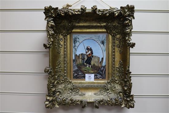 A 19th century Continental porcelain plaque painted with a Moroccan soldier, housed in an ornate gilt gesso frame, plaque 20 x 15cm